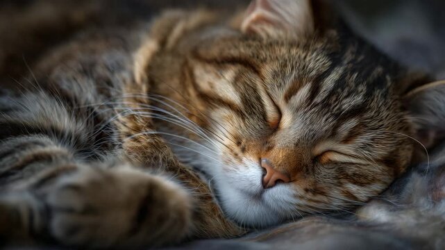 Close-up of a calm tabby cat resting indoors, striped brown and black coat with intricate patterns, eyes closed, soft warm lighting highlights face and whiskers, serene and comfort