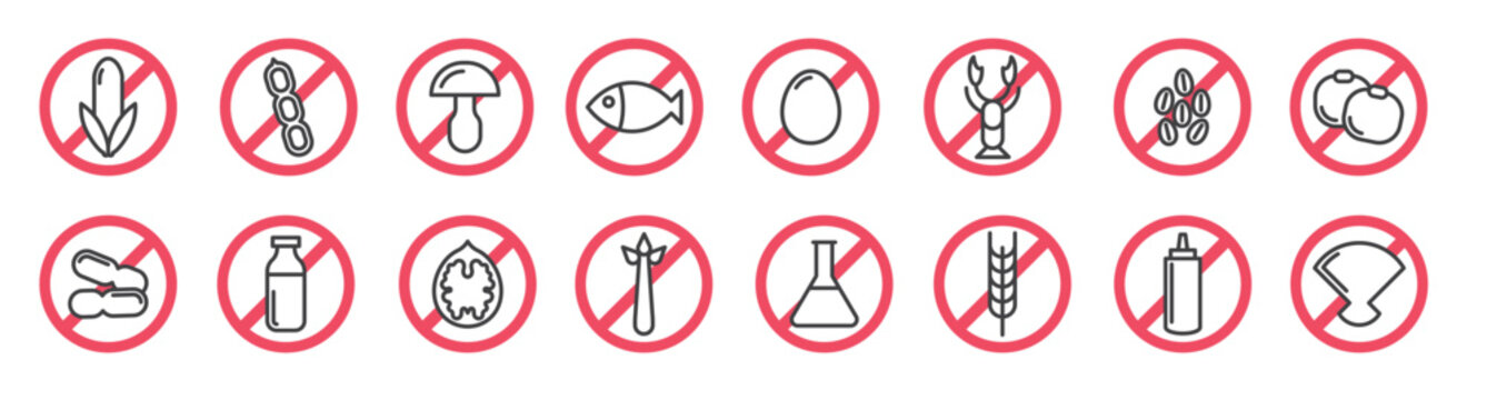 Food allergy icons. Basic allergens and diet line icons vector set. Isolated on white background