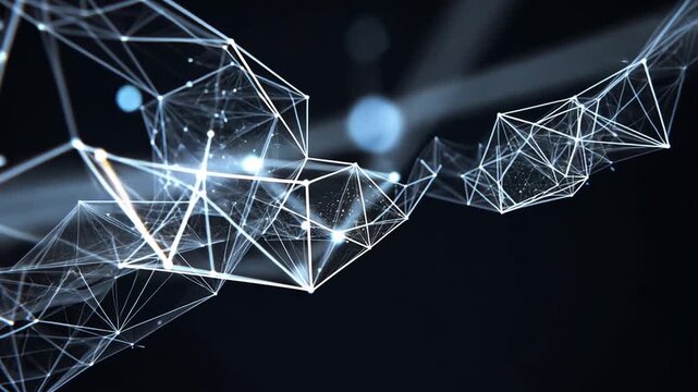 Glowing white geometric shapes float in a dark space with blue particles around.