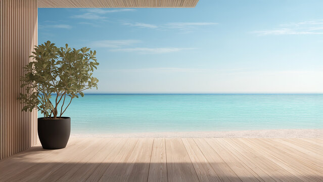 Minimal Japandi Coastal Deck with Ocean View and Chair