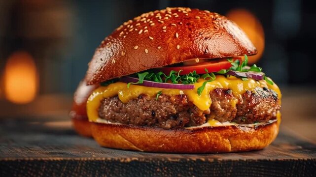 360&deg; Schwenk &uuml;ber Burger mit geschmolzenem K&auml;se