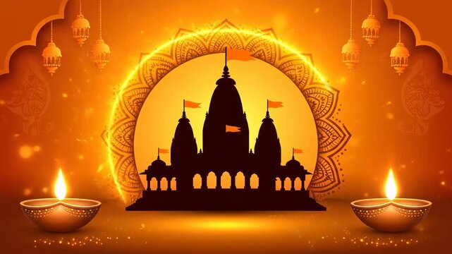 Golden Temple Silhouette with Diyas and Mandala Arch Creating a Warm Ram Navami Celebration Visual for Spiritual Greeting Videos