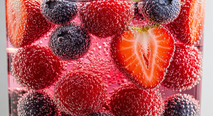 Strawberries, raspberries, and blueberries floating in soda water　ソーダ水に浮かぶイチゴとラズベリーとブルーベリー