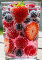 Strawberries, raspberries, and blueberries floating in soda water　ソーダ水に浮かぶイチゴとラズベリーとブルーベリー
