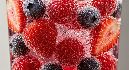 Strawberries, raspberries, and blueberries floating in soda water　ソーダ水に浮かぶイチゴとラズベリーとブルーベリー