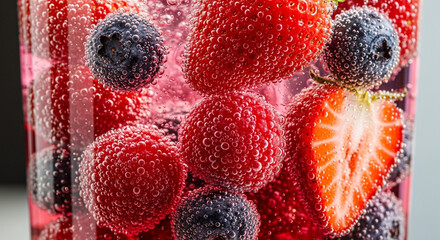Strawberries, raspberries, and blueberries floating in soda water　ソーダ水に浮かぶイチゴとラズベリーとブルーベリー