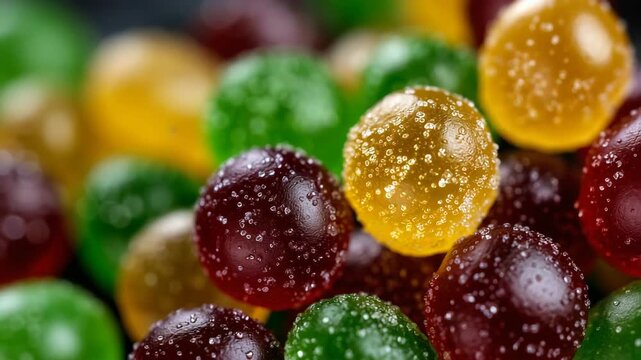 Close-up of a heap of colorful round gummy candies, sugar crystals sparkling, glossy smooth surfaces, red, green, and yellow candies creating vibrant contrast, high-detail sweet tr