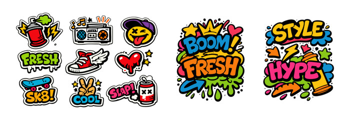 Vibrant collection of graffiti-style stickers and typography, featuring street culture icons like skateboards, spray cans, and hype slogans. © liubomir118809
