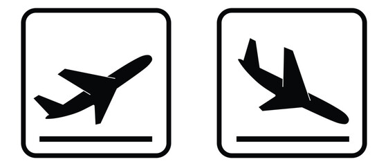 Airplane takeoff and landing icons. Arrivals and departure plane icons vector. Simple flat style drawing. Take off and landing airplane signs. Silhouette Vector Illustration. © Pulak