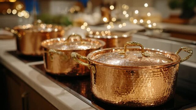 Close-up of a row of copper pots on a stovetop, each reflecting soft kitchen lights, subtle patina and handcrafted texture visible, premium cookware stock image with warm, inviting