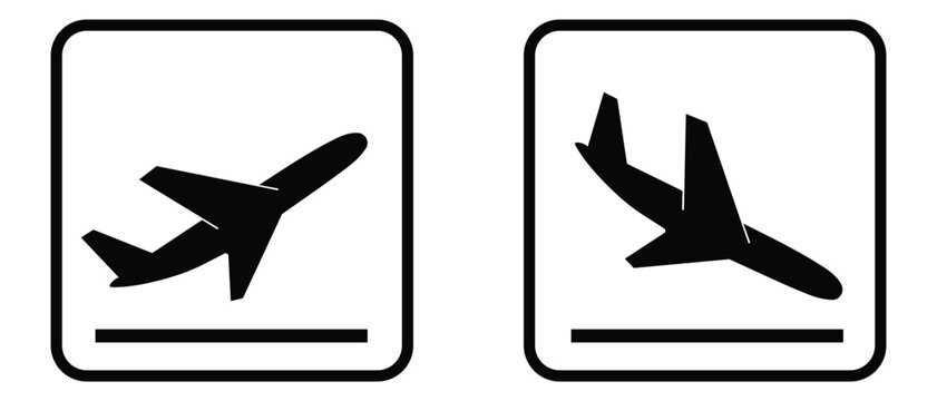 Airplane takeoff and landing icons. Arrivals and departure plane icons vector. Simple flat style drawing. Take off and landing airplane signs. Silhouette Vector Illustration.