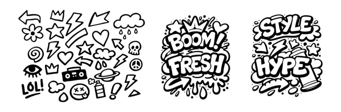 Collection of hand-drawn graffiti doodles and urban street art bubble letters including Boom, Fresh, Style, and Hype.