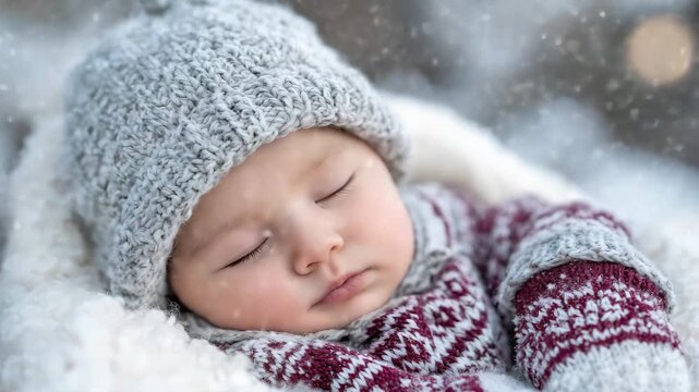 Close-up of a sleeping baby bundled in winter clothes, knitted hat and mittens visible, soft snowflakes falling around, rosy cheeks and peaceful expression, winter wonderland outdo