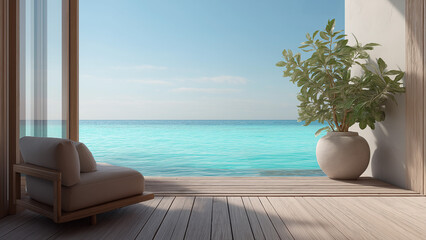 Obraz premium Minimal Japandi Coastal Deck with Ocean View and Chair