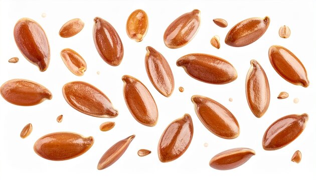 "Scattered flax seeds on white background with glossy brown texture"