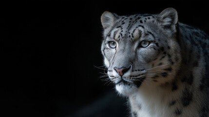 Fototapeta premium Close-up portrait of a majestic snow leopard with striking blue eyes against a dark background