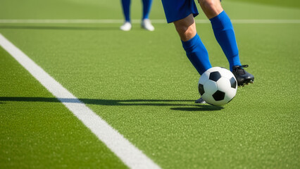 Obraz premium Footballer legs performing feint on field, soccer skills and match preparation in athletic training
