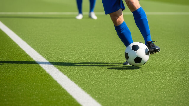 Footballer legs performing feint on field, soccer skills and match preparation in athletic training