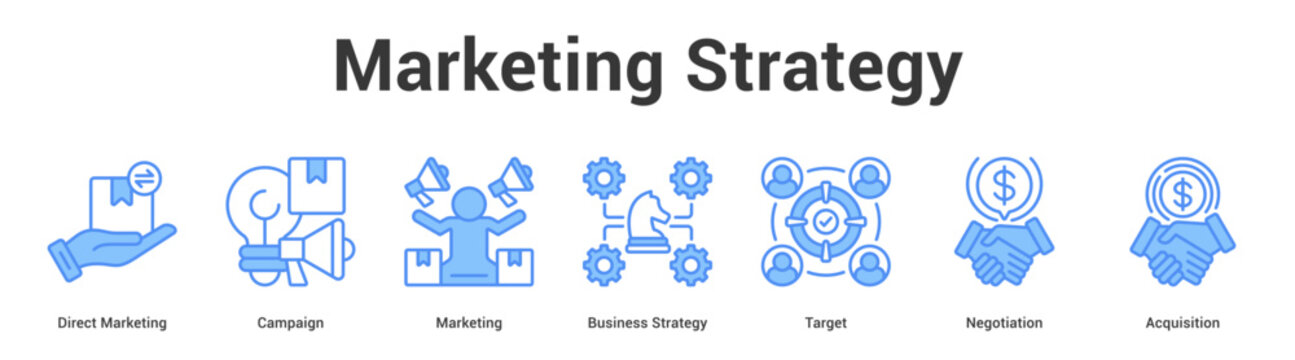 Marketing Strategy web banner icon set vector illustration concept for business with icon of Direct Marketing, Campaign, Marketing, Business Strategy, Targ.