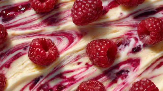 Close-up of creamy ice cream with fruit ribbons, pink and white swirls, fresh raspberries and berry compote streaks visible, detailed texture showing softness and gloss, appetizing