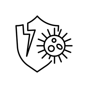 Cracked shield with virus attacked weak immunity. Editable stroke. Immune dysregulation, reduced immune system sign.