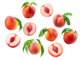 Whole and halved ripe peaches with green leaves and water droplets on white background, freshness and natural fruit concept