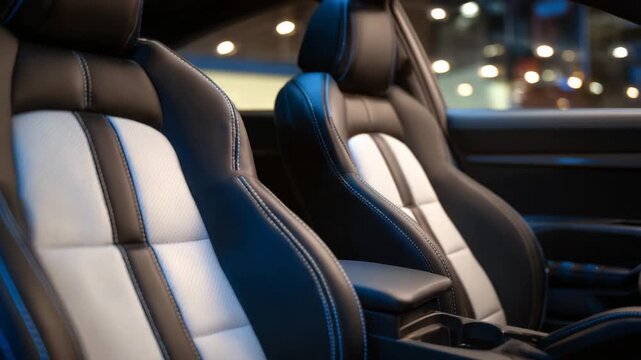 Close-up of ergonomic leather car seats, intricate stitching patterns on black or white leather, soft ambient light highlighting contours and textures, modern luxury interior