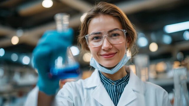 Close-up of female scientist in lab inspecting blue solution, brown hair, protective gloves and mask visible, reflections from glassware and instruments, modern laboratory interior