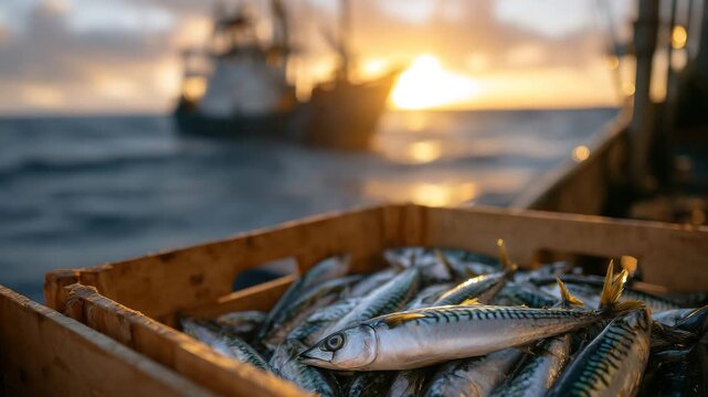 Close-up of freshly caught fish spilling from crates on a fishing boat, golden sunset light highlighting textures and scales, calm sea and fading sun in background, intimate yet ci