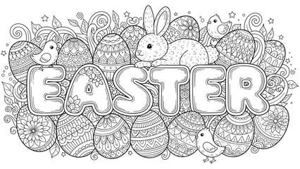 Easter Bunny, Eggs and Chicks Coloring Page - Festive Doodle Art