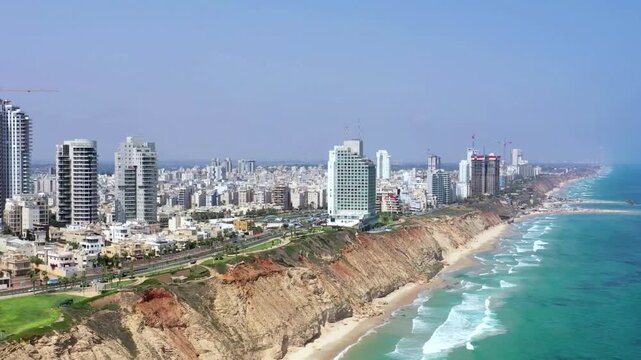 Aerial view of Netanya cliffside coastline, Israel. Israel Philistine Conflict,