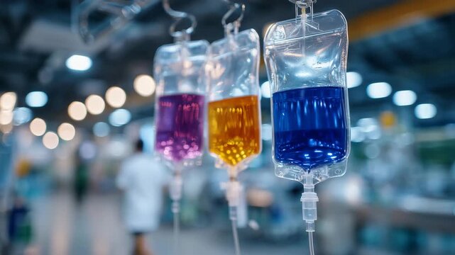 Close-up of hanging IV bags with colored solutions, purple, orange, and blue liquids, soft light reflecting off clear plastic, hospital environment in soft focus, medical care and