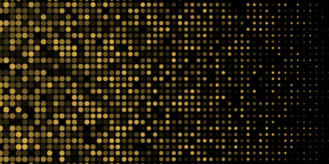 Obraz premium Abstract luxury banner with golden glittering dots on black background. Sparkling glitter bottom border, vector frame. Halftone effect. Magical gold dust. Pop art style backdrop.