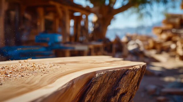 Close-up of log with rich texture on sawmill table, small curls of wood and dust around, soft workshop lighting creating depth, highlighting craftsmanship and timber work