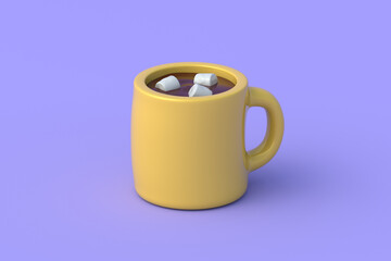 Cocoa cup with marshmallows on purple background. Sweet drink. 3d render