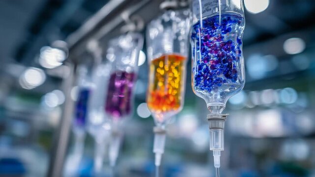 Close-up of multiple IV bags with vibrant fluids, purple, orange, and blue liquids in hospital room, clear tubing and metal hooks, soft reflections highlighting clarity, medical tr