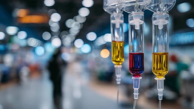 Close-up of multiple IV drips, colorful liquids in clear medical bags, hospital background softly blurred, focus on healthcare equipment and realistic medical treatment setup