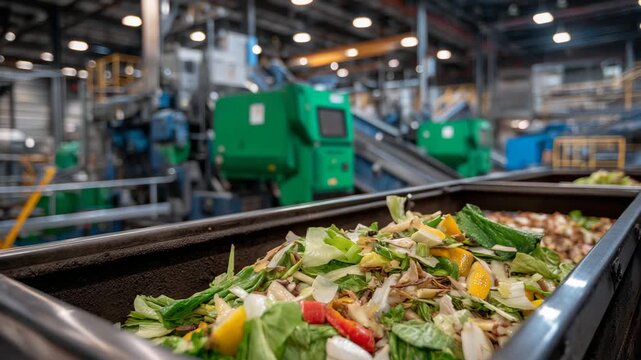Close-up of organic waste being processed in a compost facility, moist vegetable scraps, fruit peels, and leaves detailed, industrial equipment and conveyor belts softly blurred in