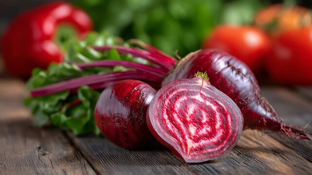 Close-up of red beets with roots lying on a wooden table, one beet sliced to reveal vibrant inner rings, soft sunlight creates gentle shadows, other vegetables like bell peppers an