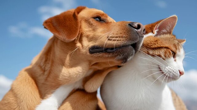 A joyful dog and a gentle cat share a delightful moment of friendship