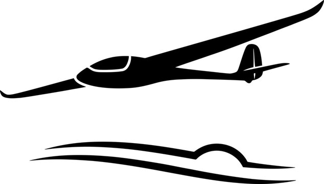 Glider aircraft flying in the sky above a line graphic. Aviation sport. Flying club emblem. Vector illustration for logo, icon, banner