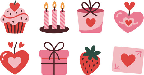 Valentine Love Icons Set With Hearts Gifts Cupcake And Strawberry Vector Illustration