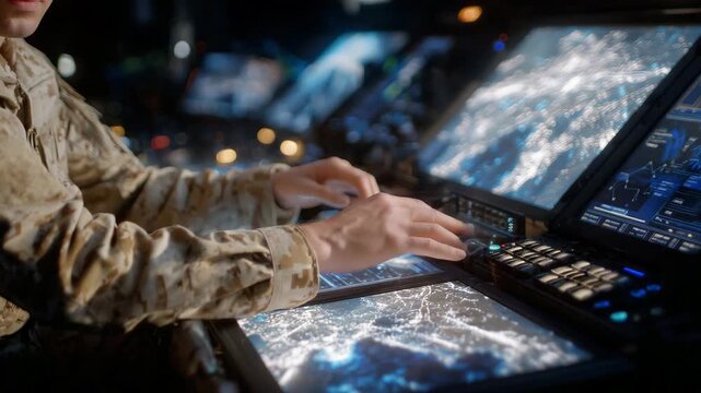 Close-up of soldier&rsquo;s hands operating control panels, tactical operations screens glowing with maps and analytics, reflections and subtle backlighting enhancing high-tech military