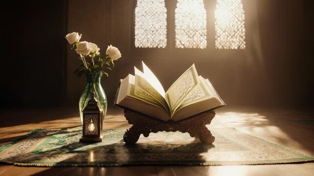 An open book on a wooden stand with flowers in a serene Islamic setting with soft lighting and morning rays
