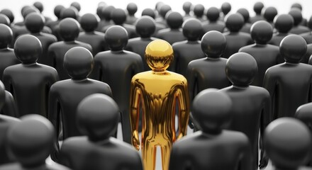 Fototapeta premium Unique Golden Leader Standing Out From Black Crowd 3D Render