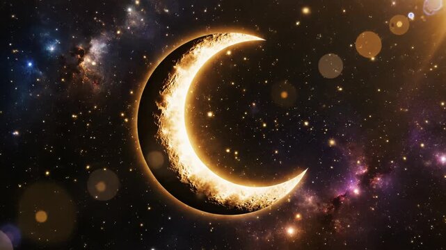 Golden Glowing Crescent Moon Symbol Floating in Starry Nebula Galaxy Space Background Loop - Mystical Islamic Ramadan Concept