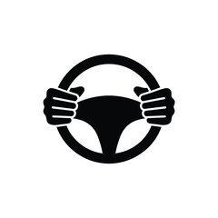Hands gripping a steering wheel in a black and white icon © Esrat