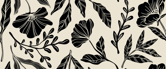 Leaves branch and Hand Drawn simple floral plants banner. seamless pattern. Creative minimalist Abstract art background. Design wall decoration, postcard, poster or brochure © Hulinska Yevheniia