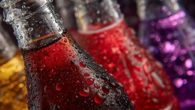 Close-up of vibrant soft drink bottles, color gradient from red to purple, condensation beads and highlights on glass, perfectly aligned, bright and energetic composition for stock