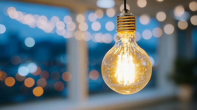 Close-up shot of modern decorative lamp featuring vintage tungsten bulb, transparent glass captures reflections and refractions, golden filament glow with soft background bokeh, cl